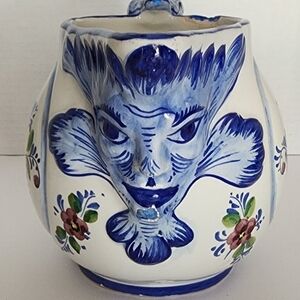 Ceramic Hand Blue Painted Floral Pitcher/Vase w/Face 6" Tall, Made In Portugal